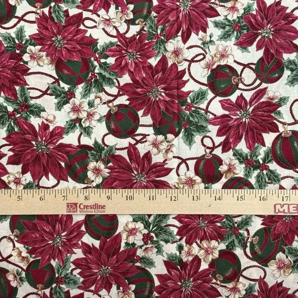 Christmas Poinsettia Ornaments Fabric Cranston Multicolor Metallic Gold Remnant
